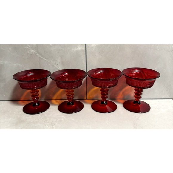 Set of 4 1920s Vintage Fenton Ruby Red Lincoln Inn Sherbet Glasses Stemware - Picture 9 of 9